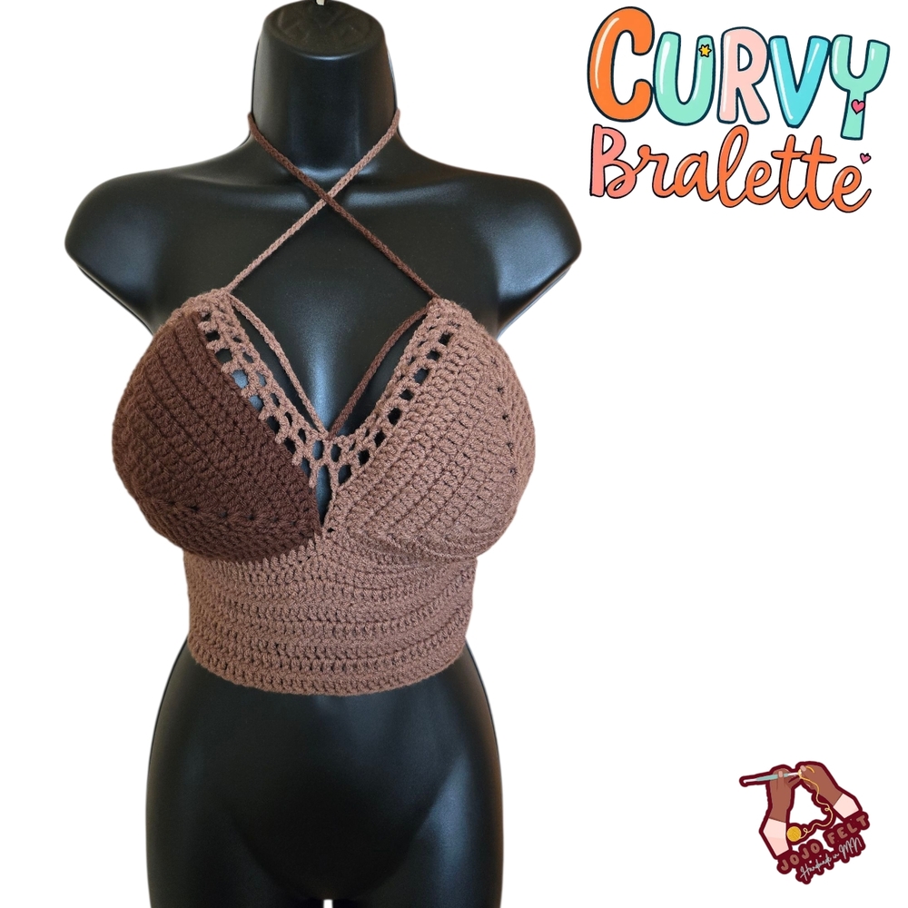 Brown Curvy Bralette Crochet Top W/Ruffle Scrunchie Set, Large, HandmadebyMe,